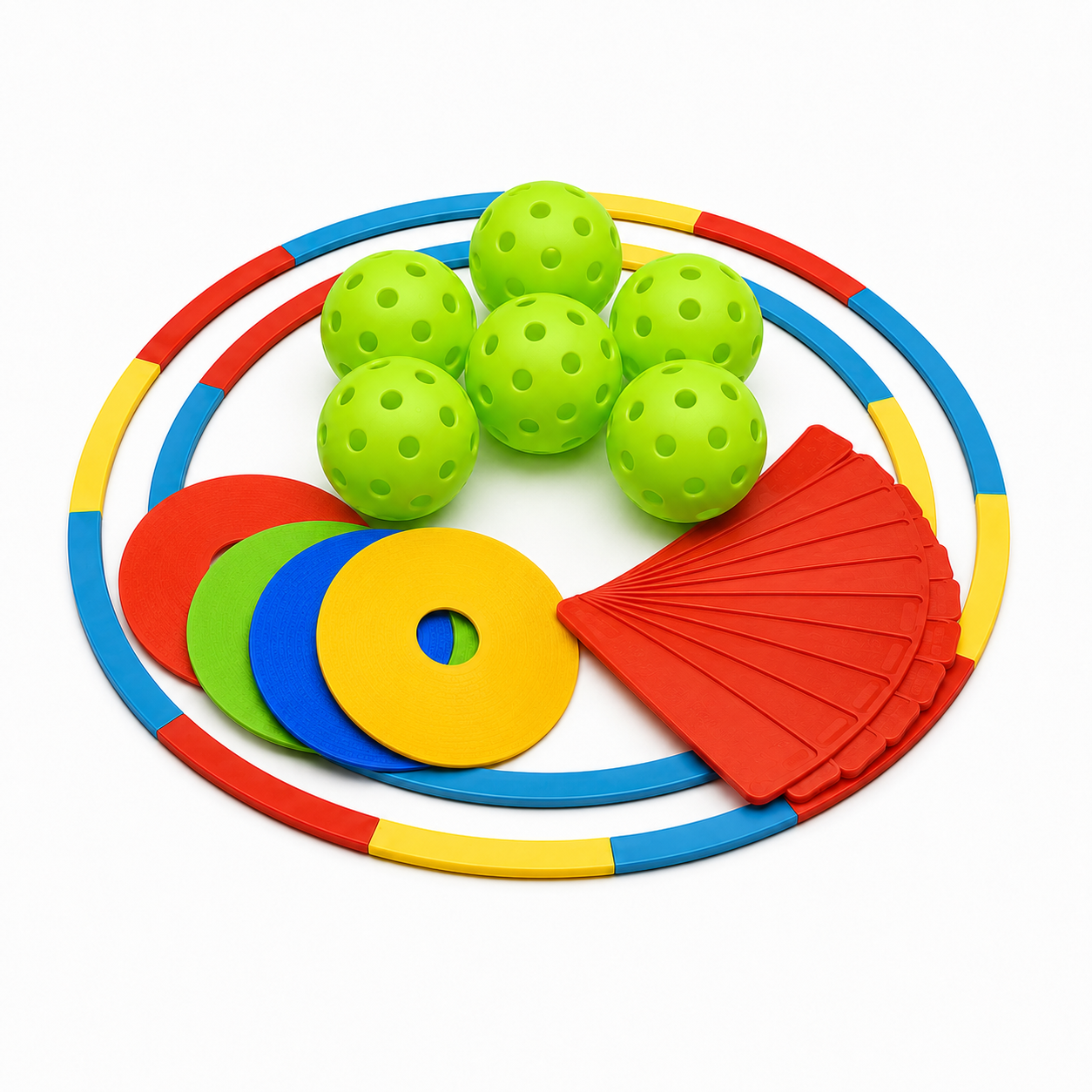 DinkTools Player Training Kit: 6 outdoor pickleballs, 10 flat cones, 10 court markers, and 3 target rings